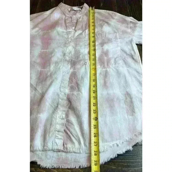 Zara Oversized Tie Dye Button Up Tunic Blouse Size Small Frayed Hem Pink White - Picture 3 of 9